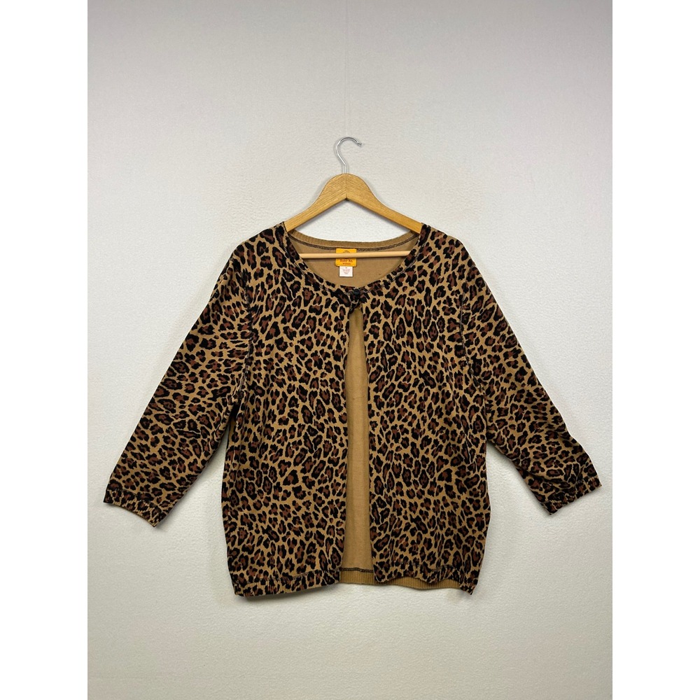 Ruby Rd Leopard Print Mob Wife Womens 1X Brown 3/4 Sleeve Button Cardigan